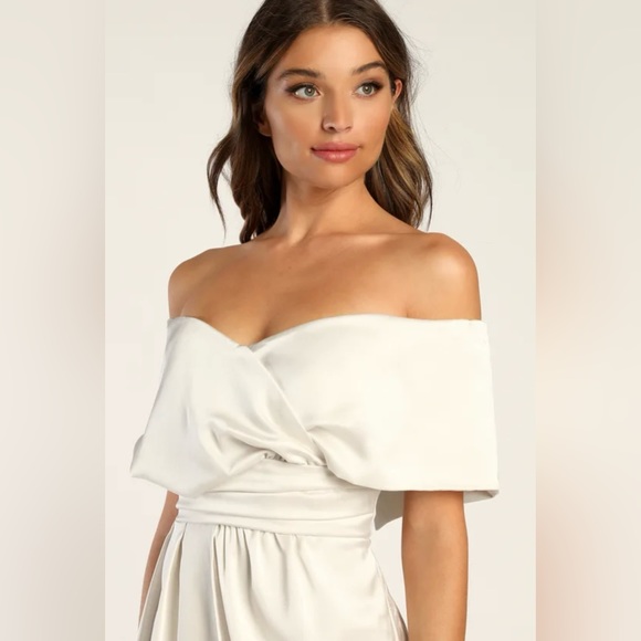 Lulus Always Celebrating Ivory Satin Off-the-Shoulder Midi Dress - M - Picture 3 of 6